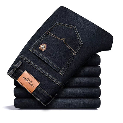 2024 Autumn Spring Fitted Straight Stretch Denim Jeans Classic Style Badge Youth Men'S Business Casual Jeans Trousers