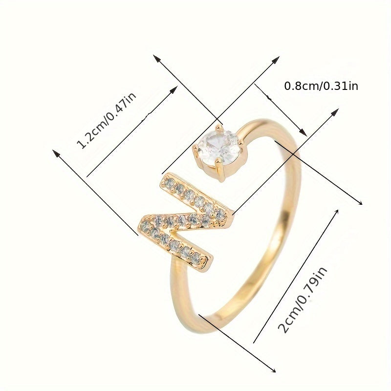 Fashionable 26 English Letters Four-Prong Synthetic Synthetic Zirconia Open Adjustment Ring Beauty Fashion