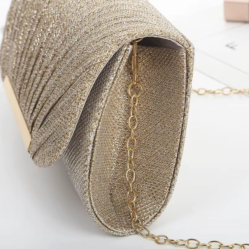 Decorative Sequin Pleated Dinner Bag Pop Metal Chain Shoulder Bag Wedding Party Storage Bag Premium Banquet Evening Dress Bag