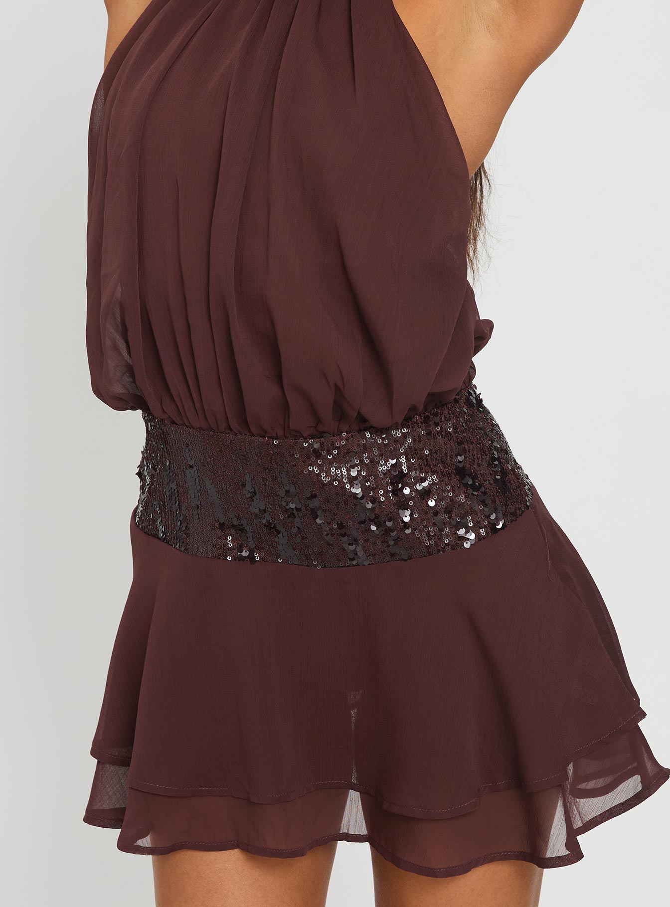 Zenayda Drop Waist Sequin Mini Dress Brown Princess Polly