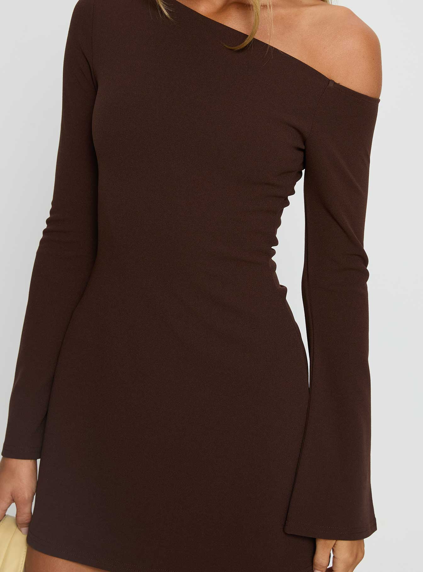 Adrietta Long Sleeve Off Shoulder Knit Mini Dress Brown Princess Polly