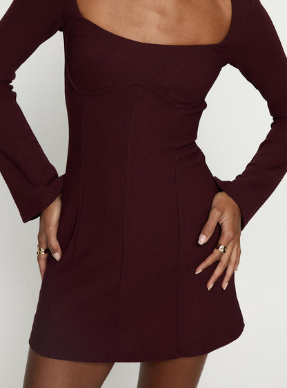 Encounters Long Sleeve Mini Dress Wine Princess Polly