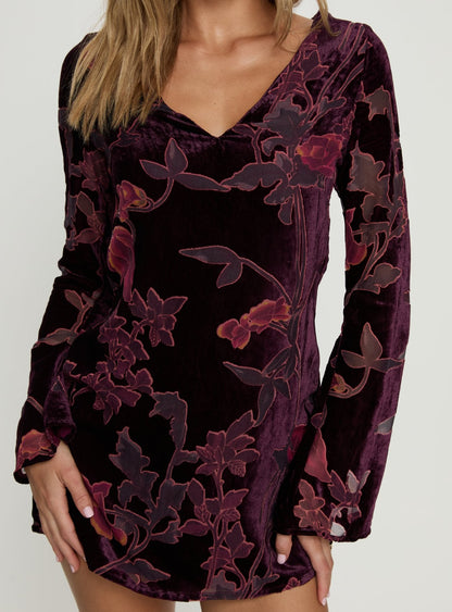 Alitra Long Sleeve Mini Dress Floral Devore Burgundy Princess Polly