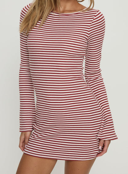Bryanna Long Sleeve Mini Dress Cherry Stripe Princess Polly