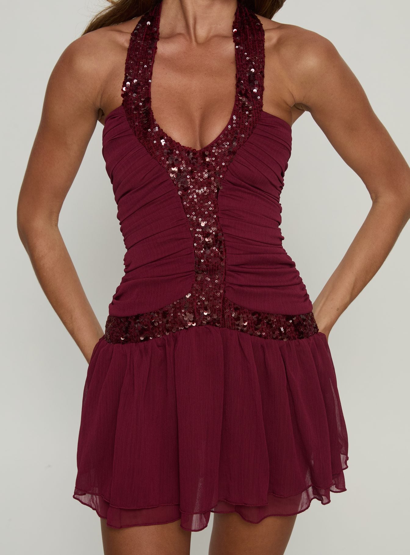 Aisleigh Sequin Halter Mini Dress Berry Princess Polly