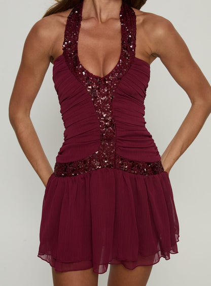 Aisleigh Sequin Halter Mini Dress Berry Princess Polly