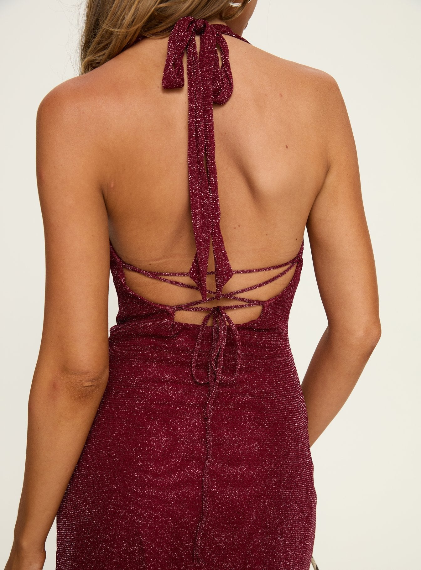 Hypnotise Ruched Halter Mini Dress Burgundy Shimmer Princess Polly