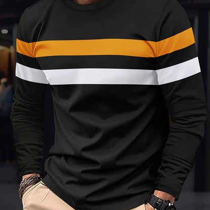 Men's Long Sleeve Crew Neck T-Shirt - Polyester Blend, Basic Solid Color with Color Block Detail, Slight Stretch Knit, Casual Sport Style, for Spring/Fall Beauty World Shop
