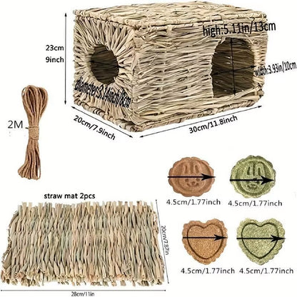 Grass House for Rabbit Foldable Woven Rabbit Cages Hamster Guinea Pig Grass Chew Toy Mat House Bed Nests for Animal Accessories