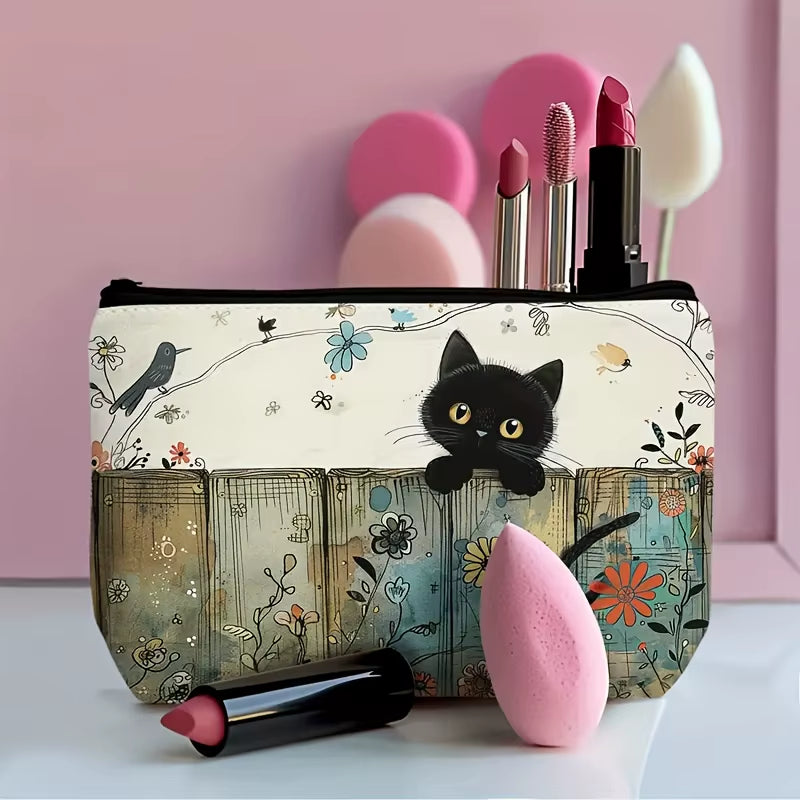 Black Cat Floral Zipper Pouch - Durable, Fade-Resistant Cosmetic Bag, Gift for Sisters, Friends, Cat Lovers | Vibrant Design