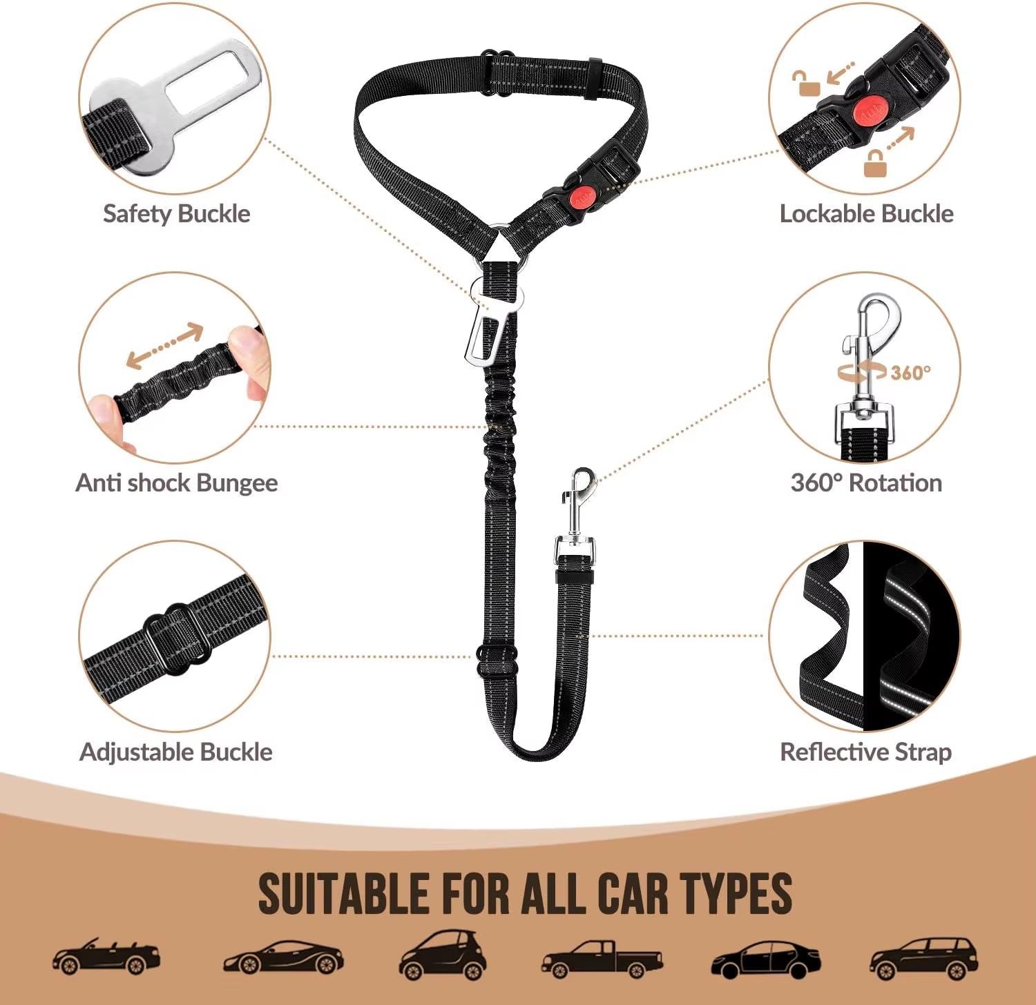 Dog Seat Belt for Car,Dog Car Harness Seatbelt Adjustable with Elastic Bungee Buffer, 2In1 Pet Leash Restraint Dog Safety Tether