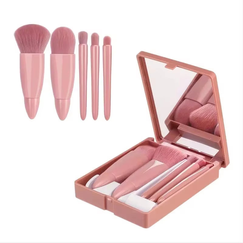 5Pcs Travel Size Makeup Brushes Set Mini Makeup Brushes, Small Complete Function Cosmetic Brushes Kit with Case and Mirror5Pcs T
