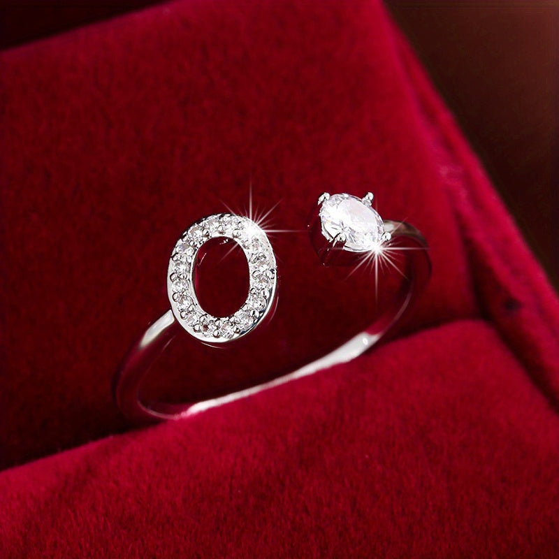 Fashionable 26 English Letters Four-Prong Synthetic Synthetic Zirconia Open Adjustment Ring Beauty Fashion