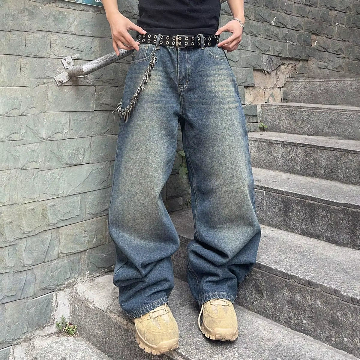 Vintage Men Y2K Stretchy Baggy Denim Jeans for Men Fashion Casual Pants Streetwear Denim Hip Hop Wide-Leg Straight Trousers
