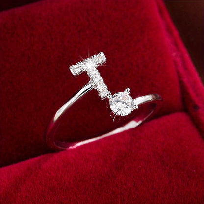 Fashionable 26 English Letters Four-Prong Synthetic Synthetic Zirconia Open Adjustment Ring Beauty Fashion