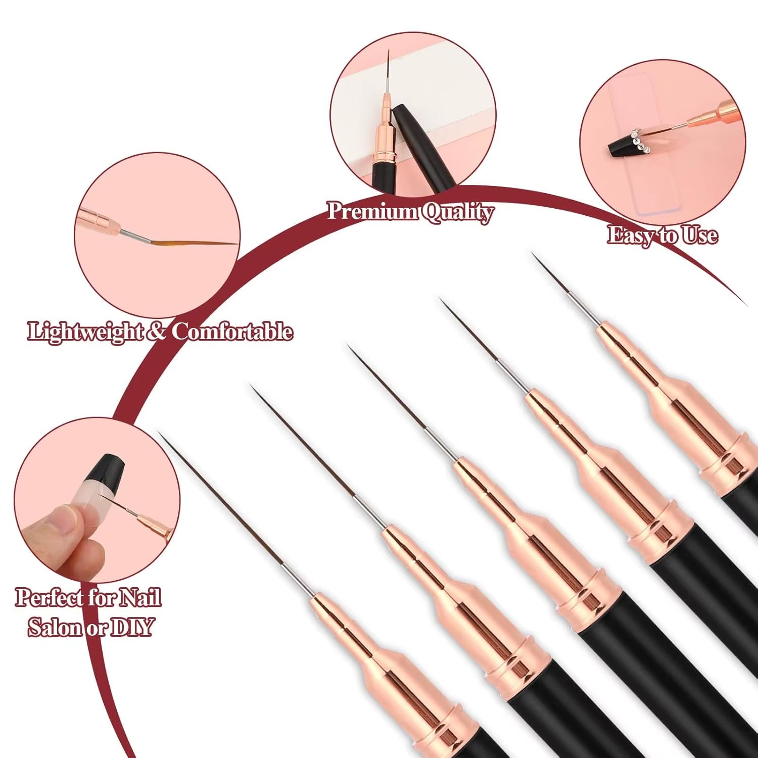 YIKOOLIN 5Pcs Nail Art Liner Brush Set UV Gel Nail Brushes Kits French Stripe Line Painting Drawing Flower Pen Manicure Tool