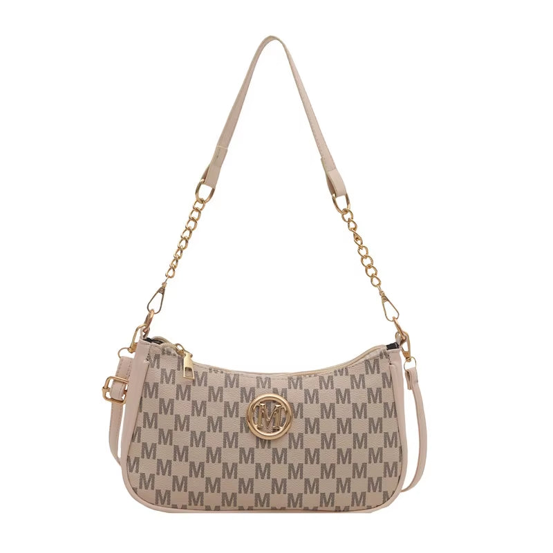 Vintage Style Handbag Crossbody Bag, Gold Letter 'M' Design Pu Leather Shoulder Messenger Bag, Synthetic Leather Tote Bag, Purse