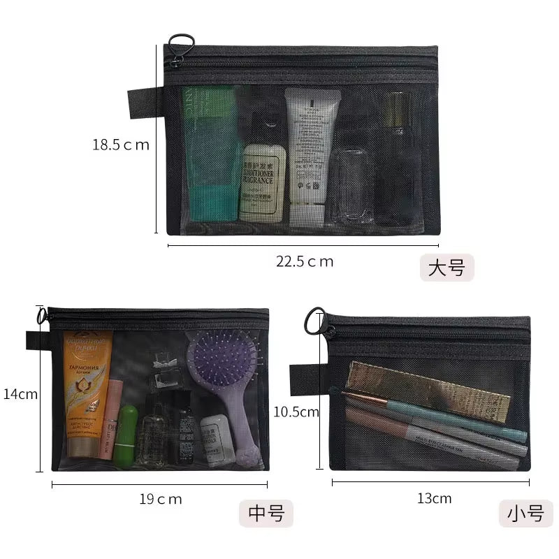 Fashion Small Large Black Organizer Toiletry and Makeup Pouch Transparent Mesh Zipper Cosmetic Bag Women Necessary Organizer