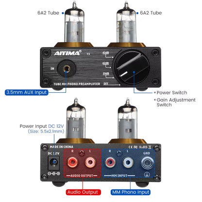 Hifi Vacuum 6A2 Tube MM Phono Turntable Preamplifier Hifi Stereo Phonograph Preamp Amplifier Vinyl Record Player DIY 12V