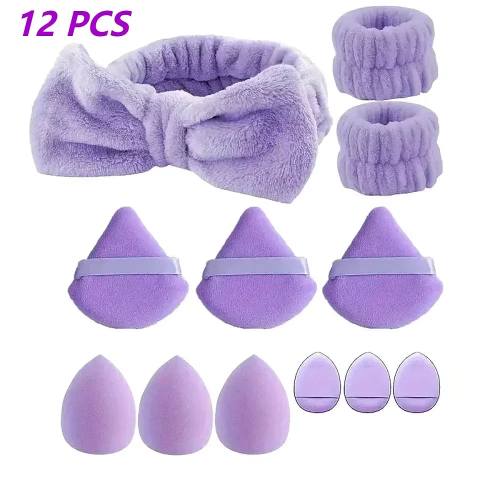 12Pcs Makeup Sponge Blender Beauty Egg Foundation Sponges Cosmetic Powder Puff Spa Headband Wristband Make up Tools Accessories