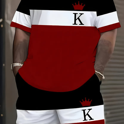 [Plus Size 3D Print Sport Set] Men's Plus Size 3D Digital Print Casual Sport T-Shirt and Shorts Set | Sweat-Resistant, All-Season, Regular Fit, Crew Neck, Slight Stretch Fabric | Suitable for Daily Wear, Outings, Sports, Camp