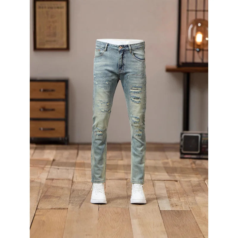 2025 Autumn Retro Light Blue Distressed Jeans for Men American Style Trendy Slim Fit Street Style Cool Brand Pants