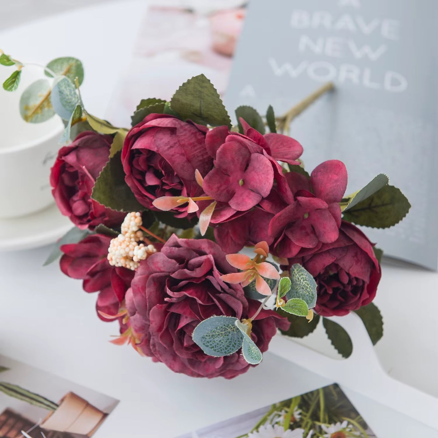 1PC Fall Artificial Peony Flowers Silk Hydrangea Rose Living Room Home Vase Garden Wedding Bridal Bouquet Diy Party Decoration