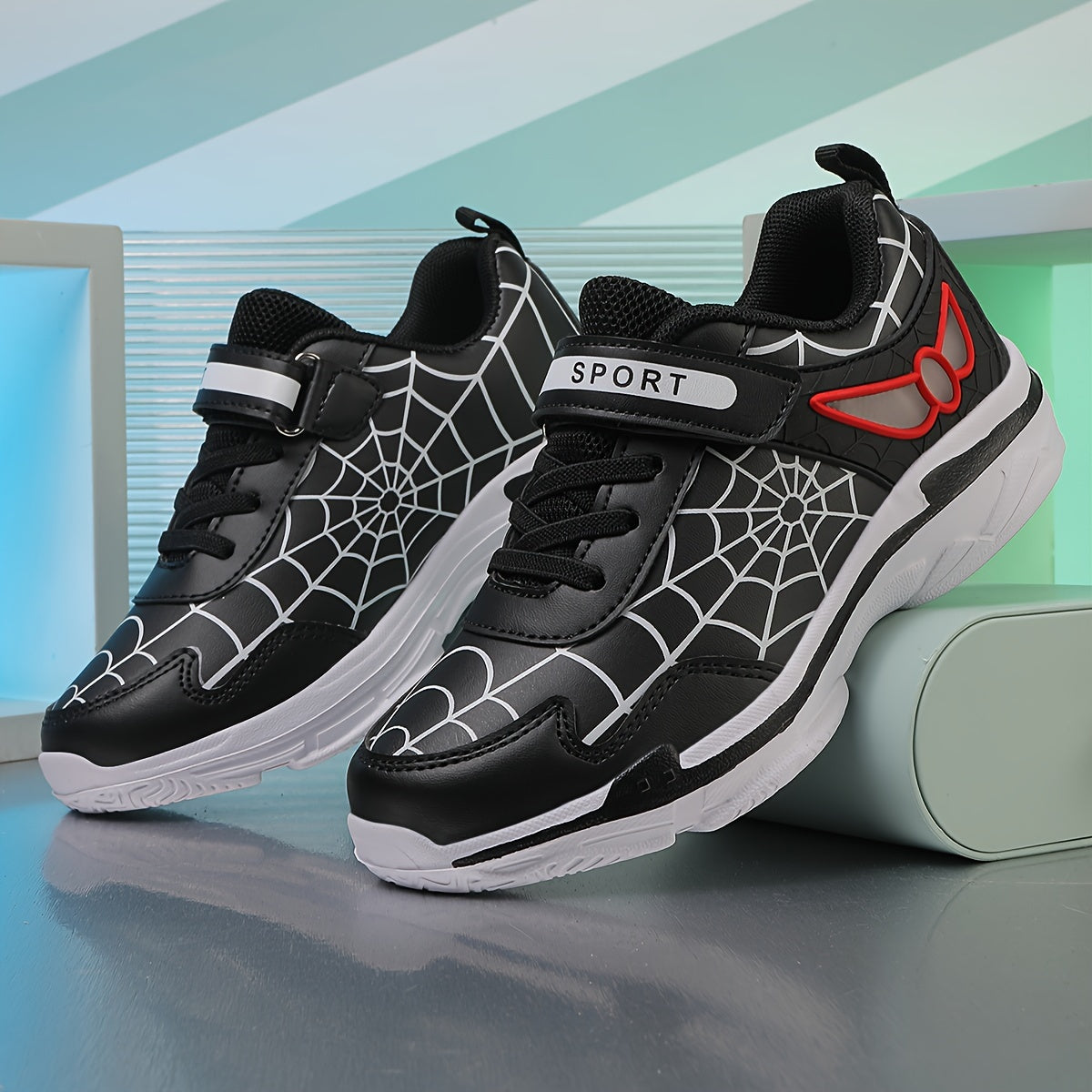 Kids Fashion Sneakers Breathable Lightweight Sport Casual Shoes with Cartoon Spider Web Design, Closure, Low Top PU and Fabric for Boys and Girls – Versatile All-Season Footwear for Outdoor Activities Beauty World Shop