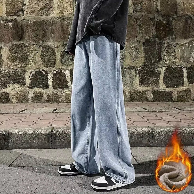 Winter Fleece Loose Jeans, Loose Straight Velvet Warm and Comfortable Elastic Waist Wide Leg Pants Brand Men'S Clothing