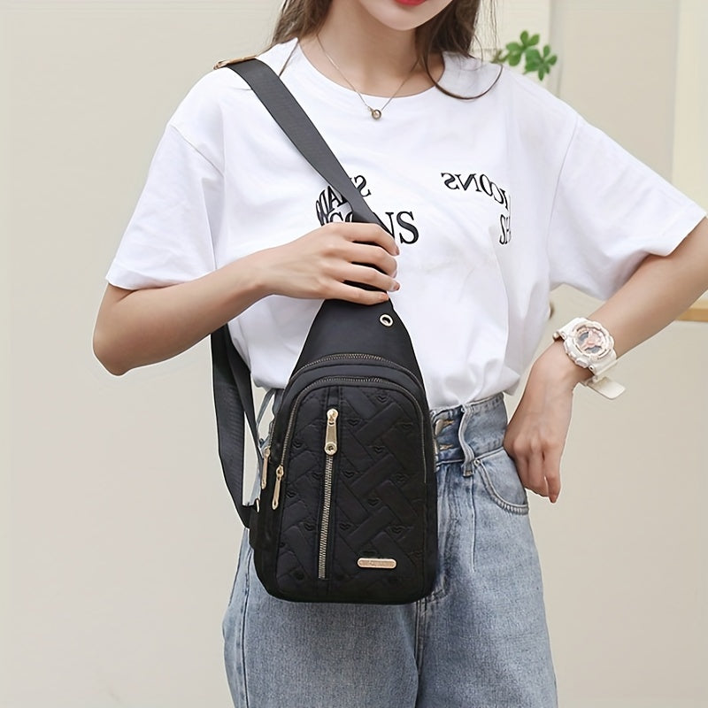 Stylish Embroidered Love Nylon Chest Bag - Water-Resistant, Adjustable Shoulder Strap, Multiple Pockets, Perfect for Outdoor Travel, Hiking, Camping, and Daily Use - Simple, Fashionable, and Practical Messenger Bag Beauty Fashion