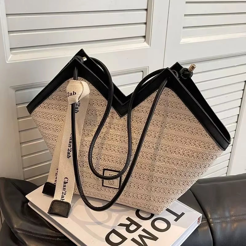 Straw Beach Bag Vintage Handmade Woven Shoulder Bag Raffia Circle Rattan Bags Bohemian Summer Vacation Casual Bags