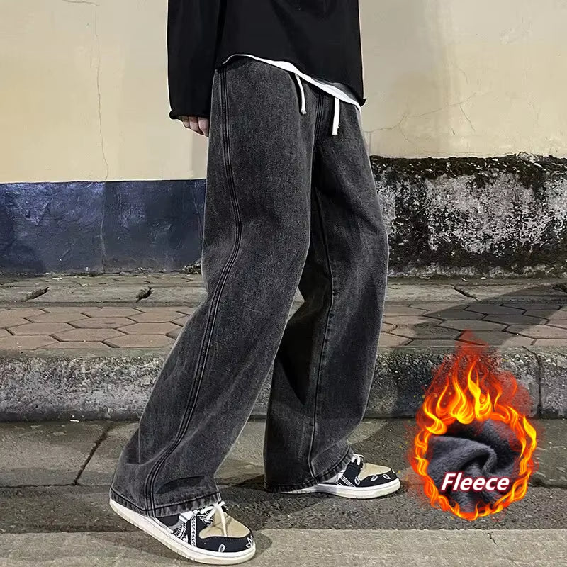 Winter Fleece Loose Jeans, Loose Straight Velvet Warm and Comfortable Elastic Waist Wide Leg Pants Brand Men'S Clothing