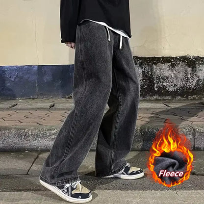Winter Fleece Loose Jeans, Loose Straight Velvet Warm and Comfortable Elastic Waist Wide Leg Pants Brand Men'S Clothing