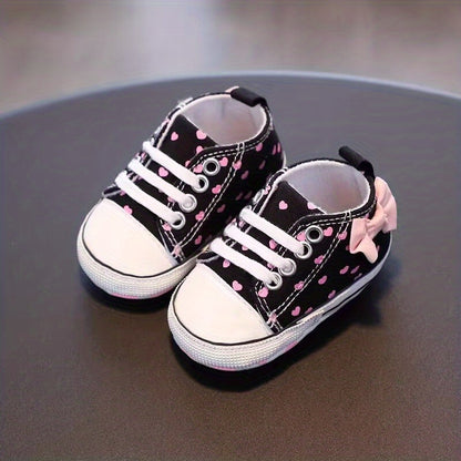 Baby Girls Heart Printed Lightweight Skate Shoes With Bowknot, Comfortable Non-slip Sport Walking Toddler Shoes, Fall Beauty World Shop