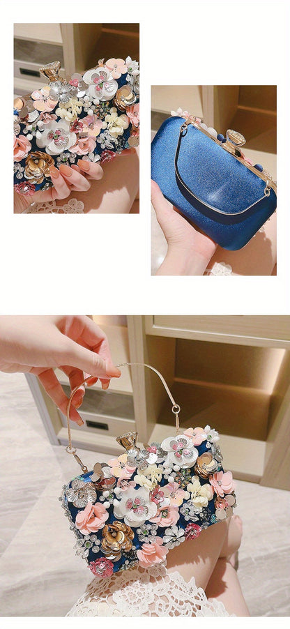 3D Beaded Elegant Evening Bag, Flower Box Clutch Purse for Women's Wedding Party Prom Beauty Fashion