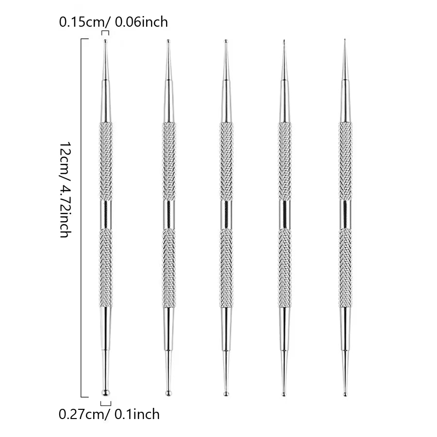 5Pcs Nail Art Dotting Pen Dual End Stainless Steel Design Painting Picking Dot Rhinestones Crystal Gems Acrylic Manicure Tools