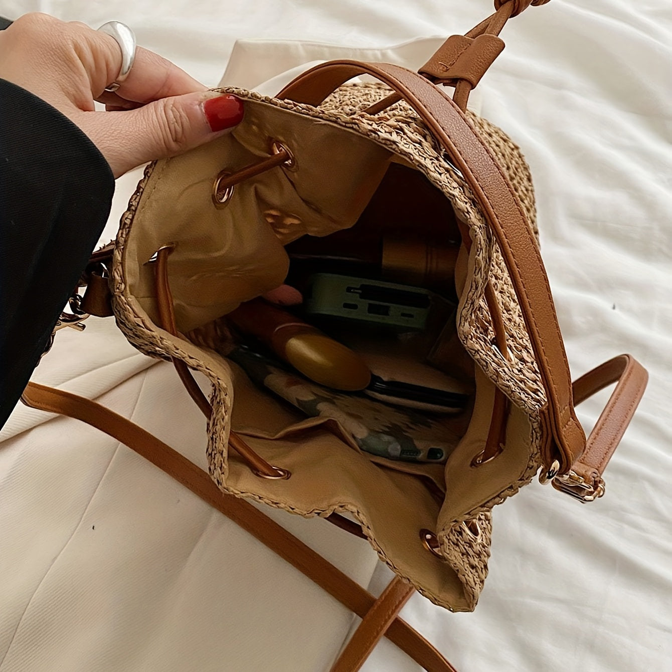 Simple Drawstring Straw Bucket Bag, All-Match Crossbody Bag, Lightweight Braided Shoulder Bag Beauty Fashion