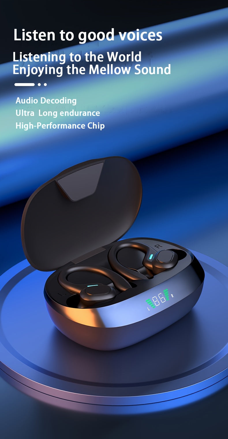 Wireless Earbuds, Open Ear 5.4 Headphones With Ear Hooks, Built-in Mic LED Display 24H Playtime Charging Case, For Running Fitness, Sport Over Earphones, Black