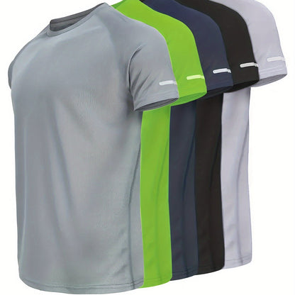 5pcs Solid Color Short Sleeve T-shirt, Men's Breathable Quick-Dry Crew Neck Top For Summer Sport & Casual Wear Beauty World Shop
