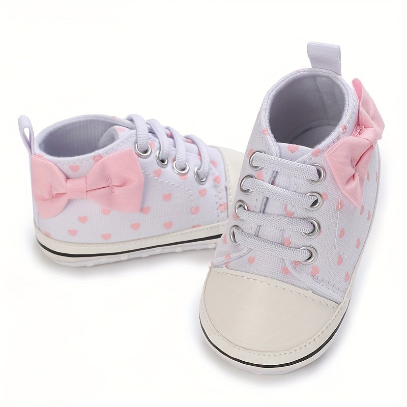 Baby Girls Heart Printed Lightweight Skate Shoes With Bowknot, Comfortable Non-slip Sport Walking Toddler Shoes, Fall Beauty World Shop