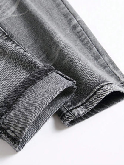 Men‘S Stretchy Denim Jeans Streetwear Tearing Patchwork Holes Ripped Denim Elastic Waist Casual Pants Slim Fit Straight Trousers