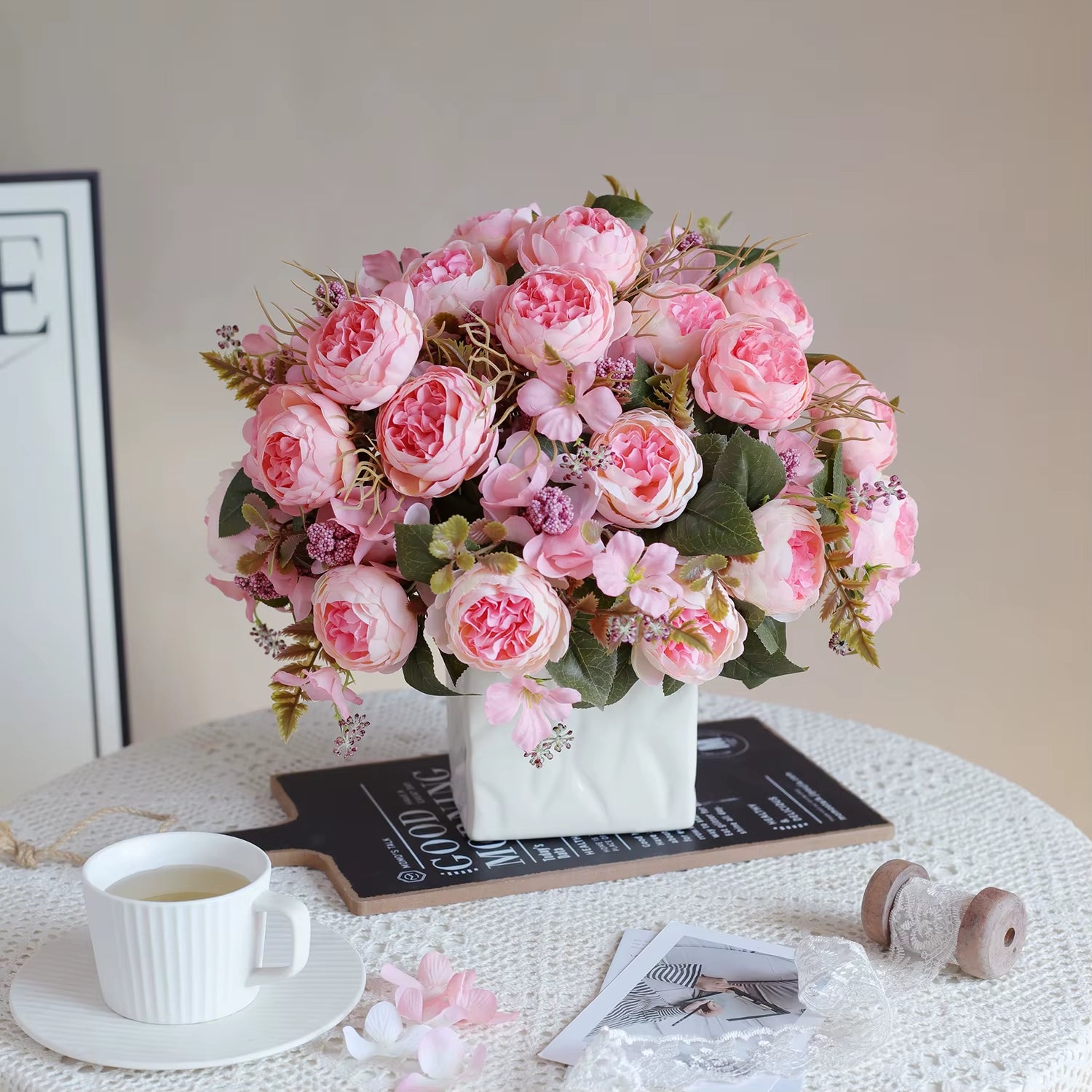 1PC Artificial Flowers Wedding Home Bedroom Decoration Bridal Bouquet Garden Fake Silk Peony Hydrangeas Vase for Board Outdoors