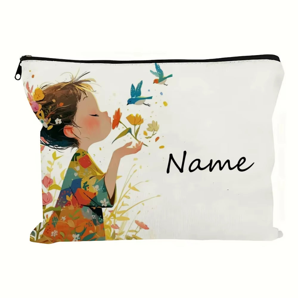 Custom Name Vintage Cute Girl Pattern Makeup Bag Handbag Toiletry Bag Pencil Case Holiday Gift Cosmetic Bag