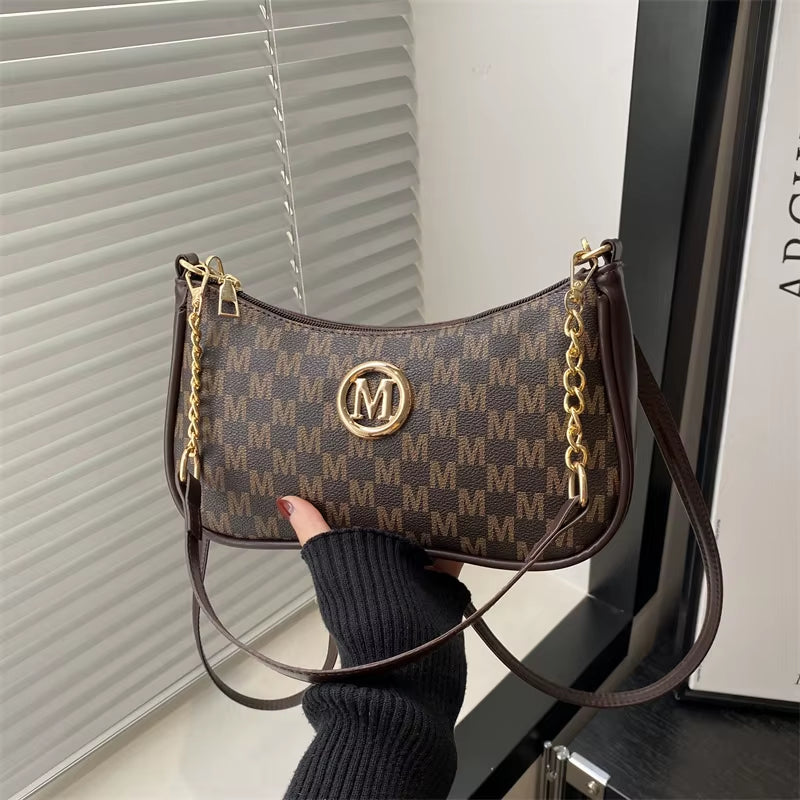 Vintage Style Handbag Crossbody Bag, Gold Letter 'M' Design Pu Leather Shoulder Messenger Bag, Synthetic Leather Tote Bag, Purse