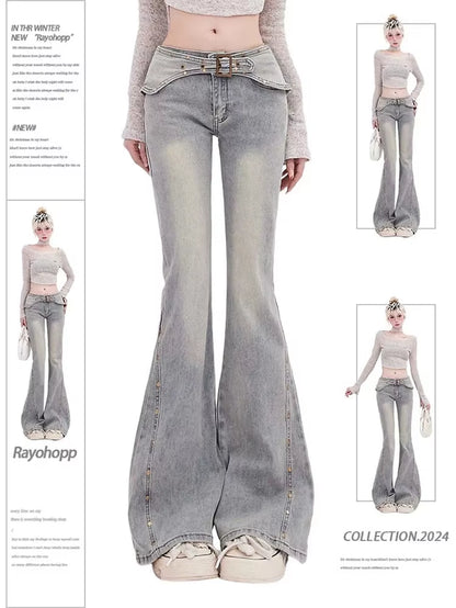 Korean Light Blue Flare Jeans Women Y2K Low Rise Vintage Denim Trousers Fashion Skinny Classic Aesthetic Harajuku Pants