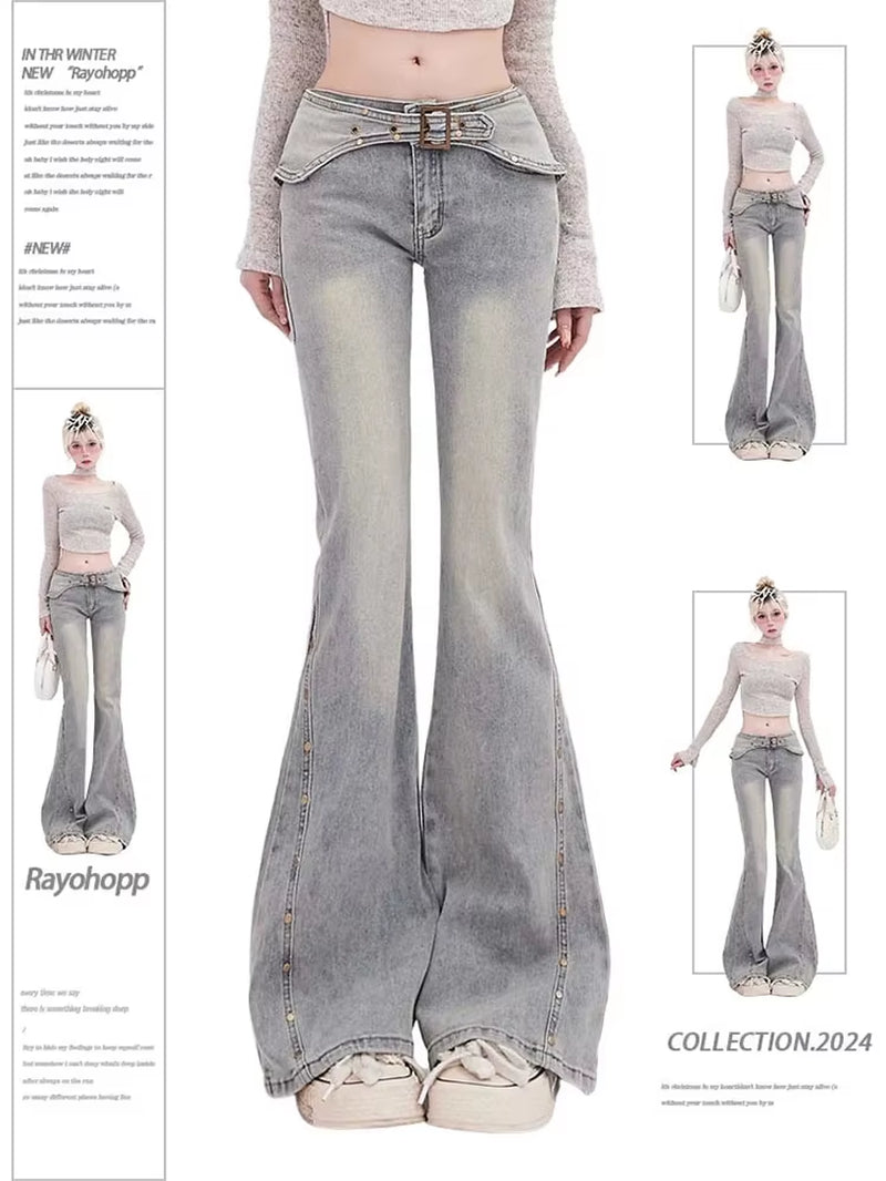 Korean Light Blue Flare Jeans Women Y2K Low Rise Vintage Denim Trousers Fashion Skinny Classic Aesthetic Harajuku Pants