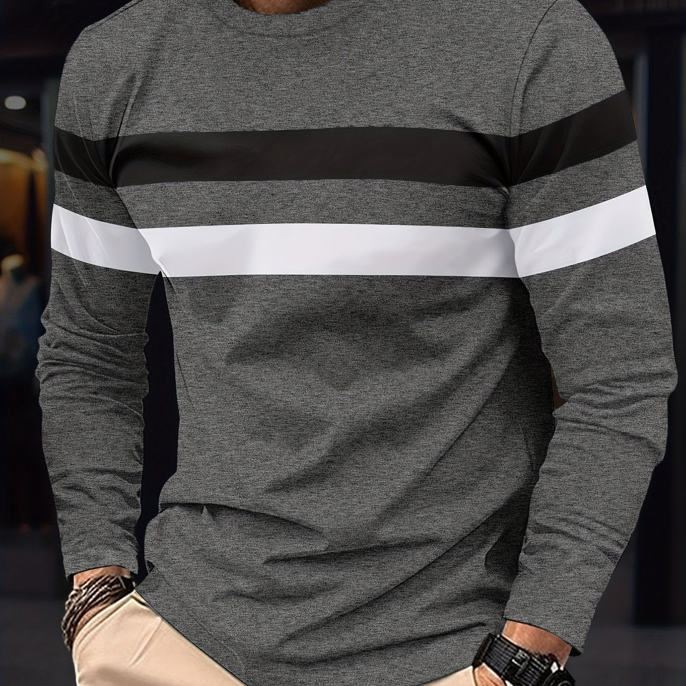 Men's Long Sleeve Crew Neck T-Shirt - Polyester Blend, Basic Solid Color with Color Block Detail, Slight Stretch Knit, Casual Sport Style, for Spring/Fall Beauty World Shop