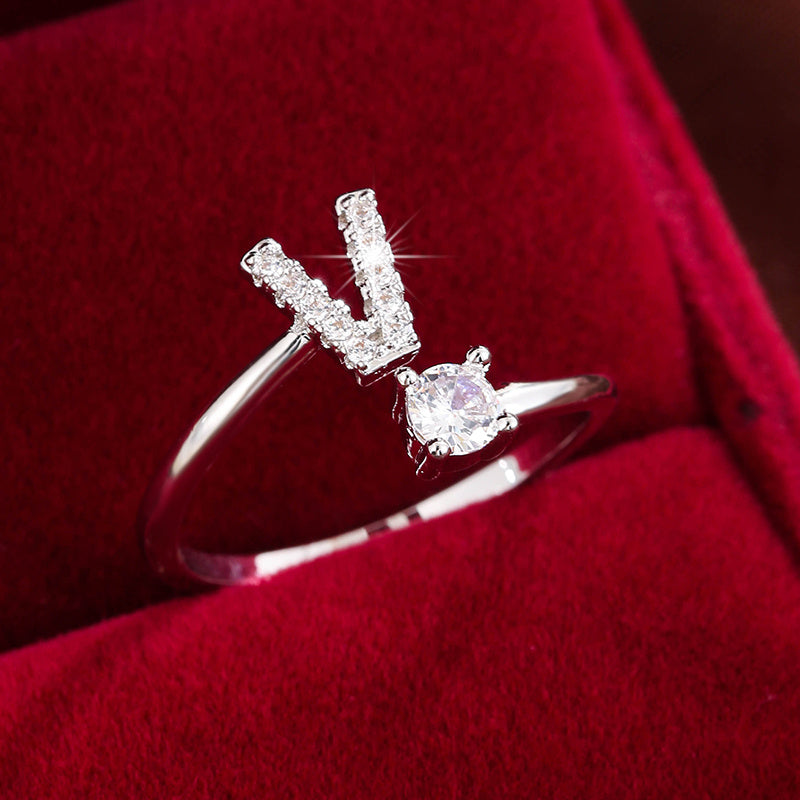 Fashionable 26 English Letters Four-Prong Synthetic Synthetic Zirconia Open Adjustment Ring Beauty Fashion