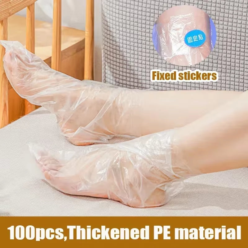 100Pc Disposable Moisturizing Foot Socks for Dry Cracked Feet SPA Covers PE Plastic Film DIY Soothing Massage Pedicure Care Tool