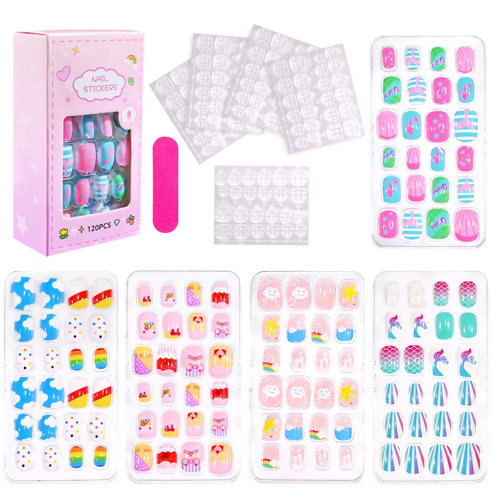 120Pcs/Box Cartoon Gril Princess Children Press on Nails 6-14Years Kawaii Cat/Flowers/Rainbow Nail Tips with Jelly Gel Girl Gift